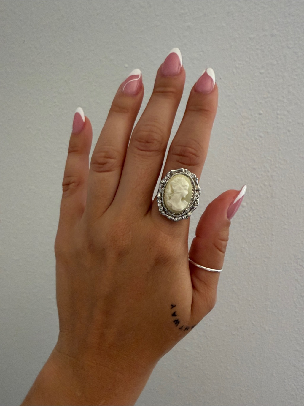 Vintage-Inspired Silver Cameo Statement Ring In Cream And Silver